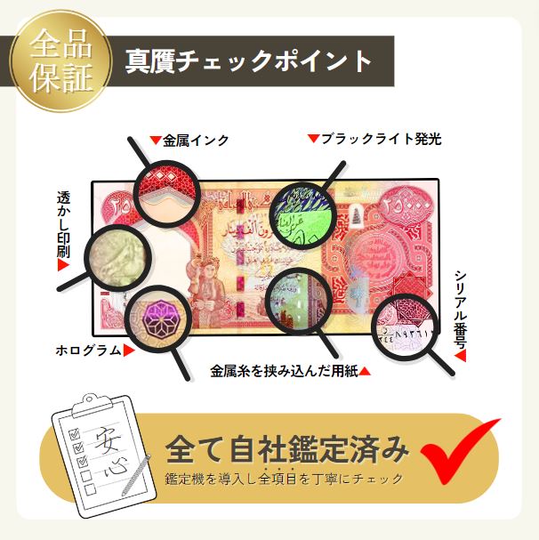 10%OFF 2万5千イラクディナール 50枚★即日発送・ピン札保証・鑑定書 1,280円相当×購入枚数の特典付き|イラク紙幣|25000ディナール 2万5千ディナール Iraqi Dinars|本物紙幣保証【ラフテル公式】/D-1